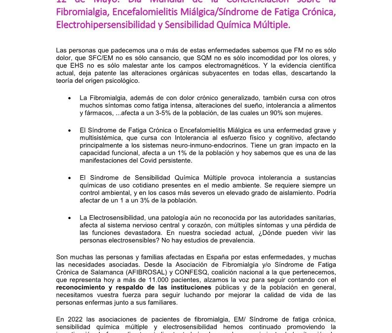 Manifiesto: Día Mundial de la Concienciación sobre la Fibromialgia, Encefalomielitis Miálgica/Síndrome de Fatiga Crónica, Electrohipersensibilidad y Sensibilidad Química Múltiple.